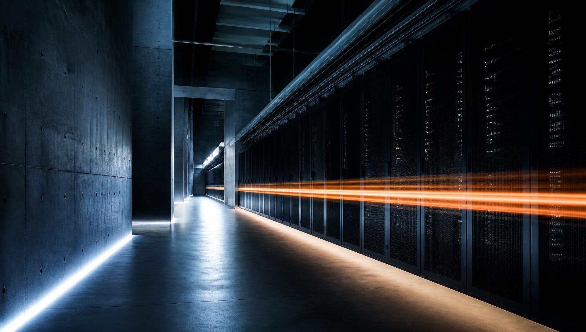 Long corridor of server racks lit by a streak of warm light, representing technology infrastructure